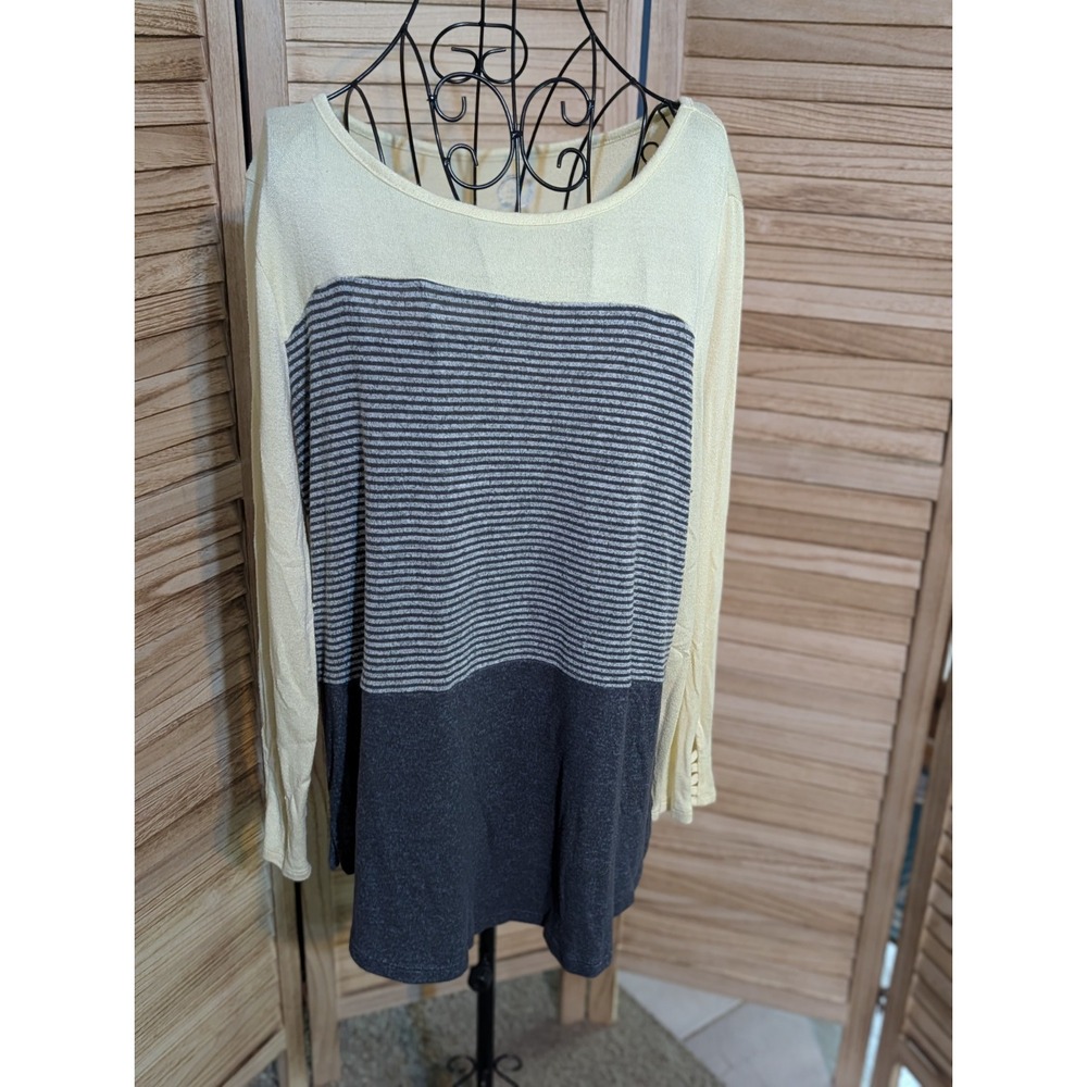 24/7 Multi Colored Tunic Long Sleeve Top Sz L Cotton Yellow/Gray Seaside